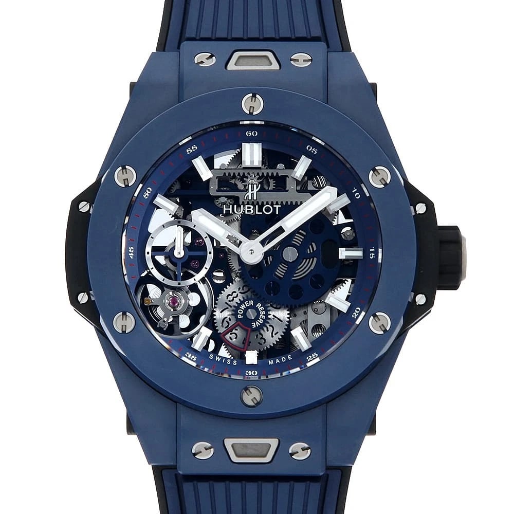 HUBLOT BIG BANG MECHA BLUE CERAMIC WATCH: HUBLOT Big Bang Mecha Blue Ceramic Watch Brand: HUBLOT Type: Wrist watch Material: Band Material rubber, Case Material Blue Ceramic Color: Dial Color Skeleton Size: Band Size None, Case Size