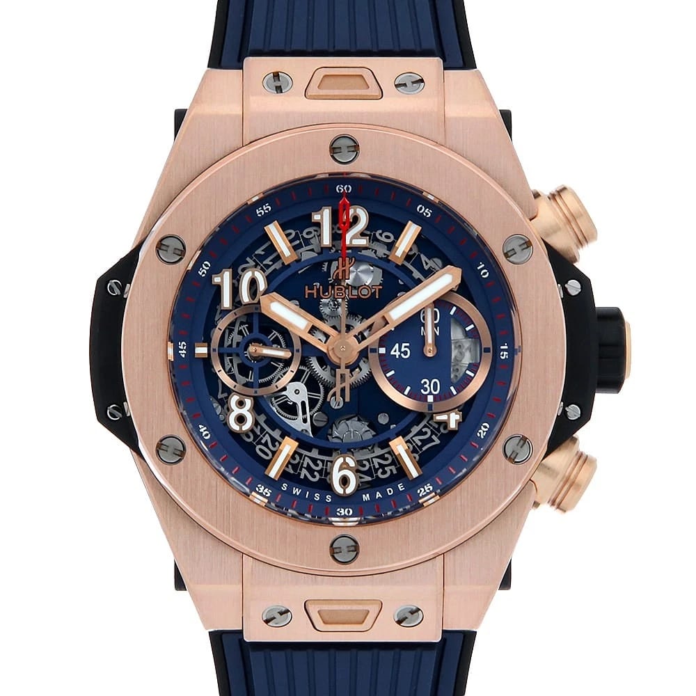 HUBLOT BIG BANG UNICO KING GOLD BLUE WATCH: HUBLOT Big Bang Unico King Gold Blue Watch Brand: HUBLOT Type: Wrist watch Material: Band Material rubber, Case Material King Gold Color: Dial Color Skeleton Size: Band Size NONE, Case Size Case:W