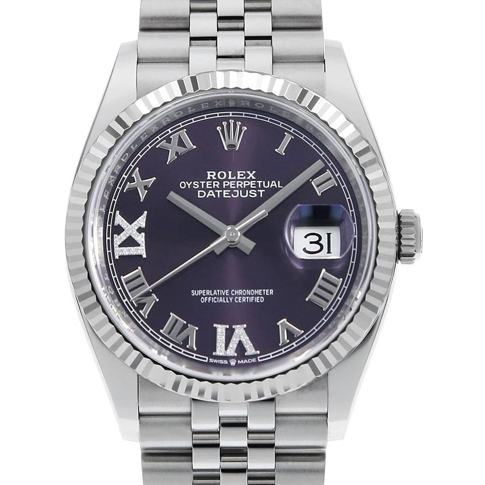 ROLEX DATEJUST DIAMOND AUBERZINE ROMAN ROW JUBILEE BRACELET WATCH: ROLEX Datejust Diamond Auberzine Roman row jubilee braceleT, Watch Brand: ROLEX Type: Wrist watch Material: Band Material Stainless Steel, Case Material Stainless Steel Color: Dial Color Aubergine