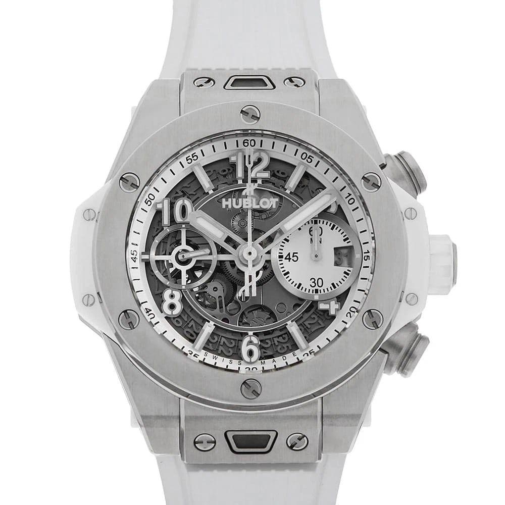 HUBLOT BIG BANG UNICO TITANIUM WHITE WATCH: HUBLOT Big Bang Unico Titanium WhiteWatch Brand: HUBLOT Type: Wrist watch Material: Band Material rubber, Case Material Titanium Color: Dial Color Skeleton Size: Band Size None, Case Size Case:W42
