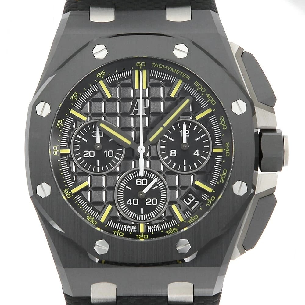 AUDEMARS PIGUET ROYAL OAK OFFSHORE CHRONOGRAPH WATCH: AUDEMARS PIGUET Royal Oak Offshore ChronographWatch Brand: AUDEMARS PIGUET Type: Wrist watch Material: Band Material Calfskin, Case Material Black Ceramics Color: Dial Color Black Size: Band Size