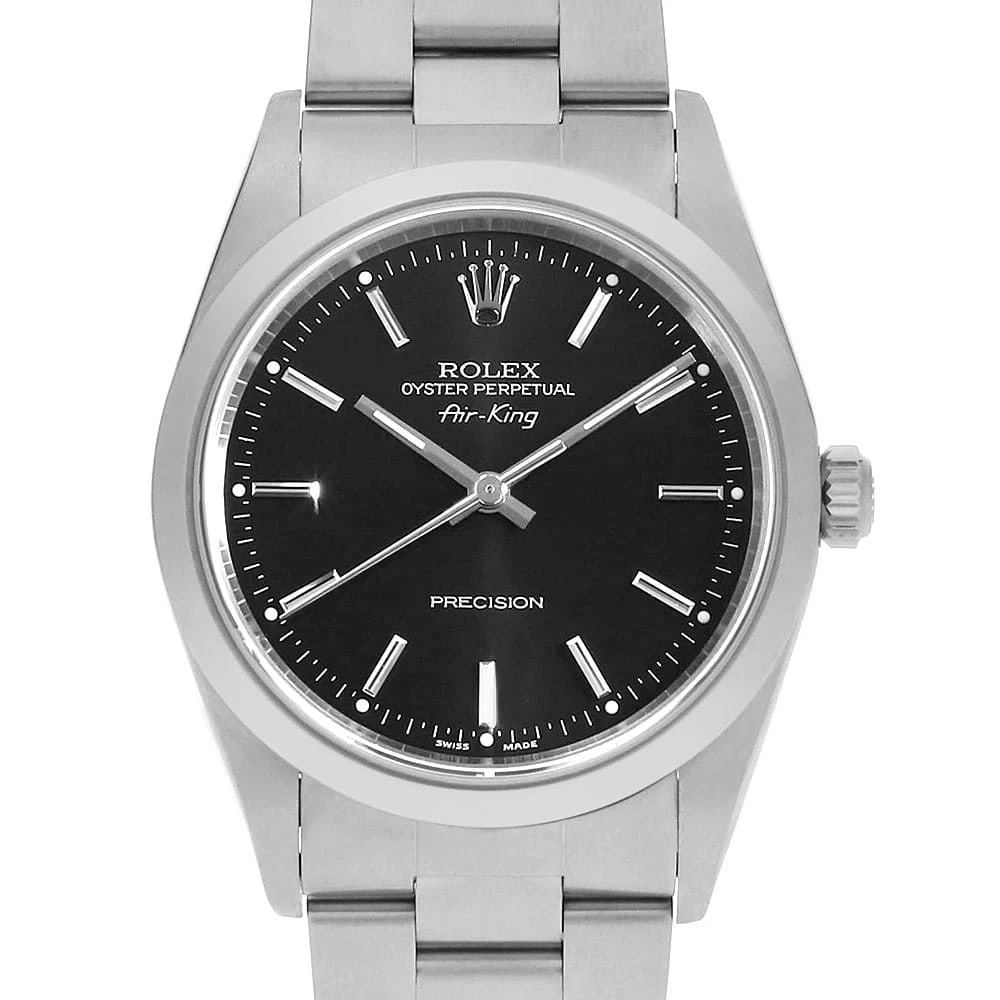ROLEX AIR KING BLACK WATCH: ROLEX Air king black Watch Brand: ROLEX Type: Wrist watch Material: Band Material Stainless Steel, Case Material Stainless Steel Color: Dial Color Black Size: Band Size 18cm (7.1inch), Case Size C