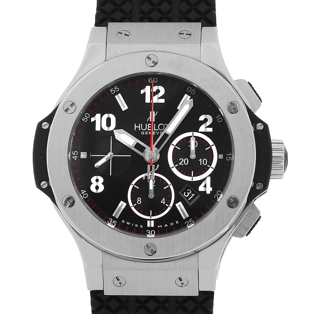 HUBLOT BIG BANG STEEL WATCH: HUBLOT Big bang steel Watch Brand: HUBLOT Type: Wrist watch Material: Band Material rubber, Case Material Stainless Steel Color: Dial Color Black Size: Band Size none, Case Size Case:W44mm 