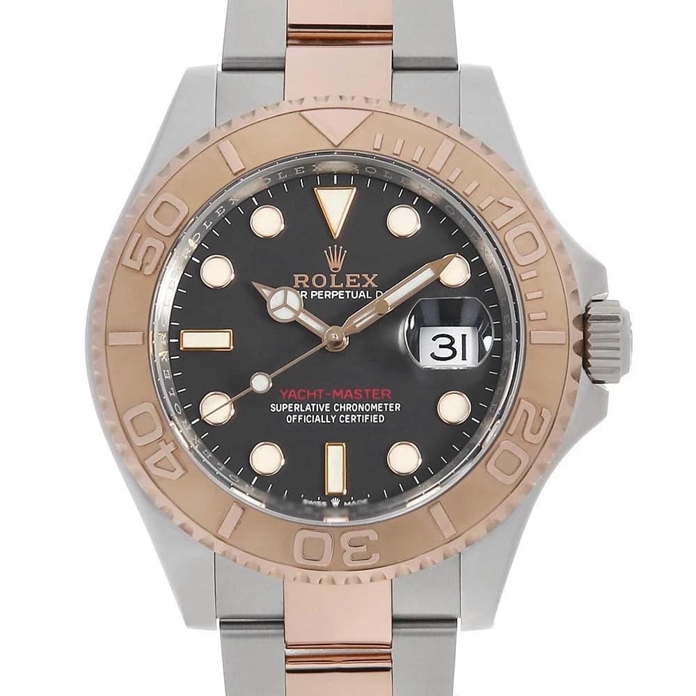 ROLEX YACHT MASTER BLACK WATCH: ROLEX Yacht master black Watch Brand: ROLEX Type: Wrist watch Material: Band Material Stainless Steel/Everose Gold, Case Material Stainless Steel Color: Dial Color Black Size: Band Size 19.5cm