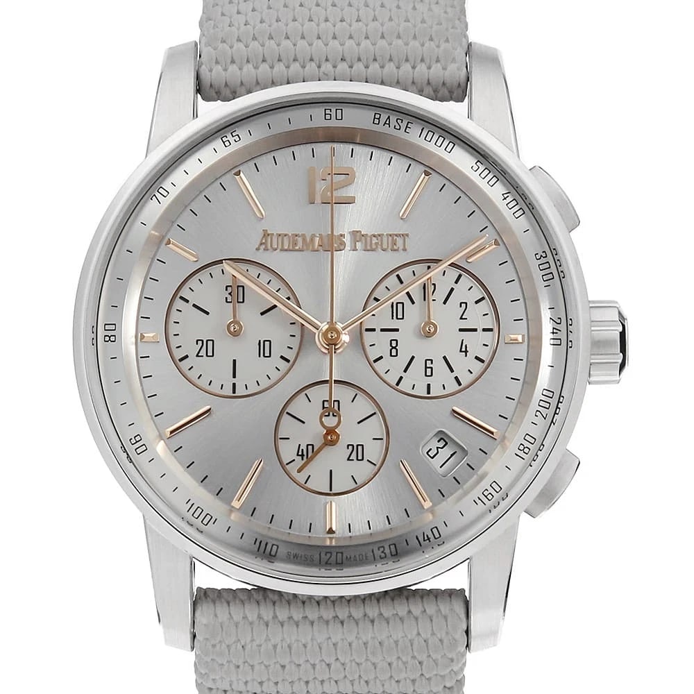 AUDEMARS PIGUET AUDEMARS PIGUET CHRONOGRAPH WATCH: AUDEMARS PIGUET Audemars Piguet ChronographWatch Brand: AUDEMARS PIGUET Type: Wrist watch Material: Band Material fabric/rubber, Case Material White Gold Color: Dial Color Silver Size: Band Size N