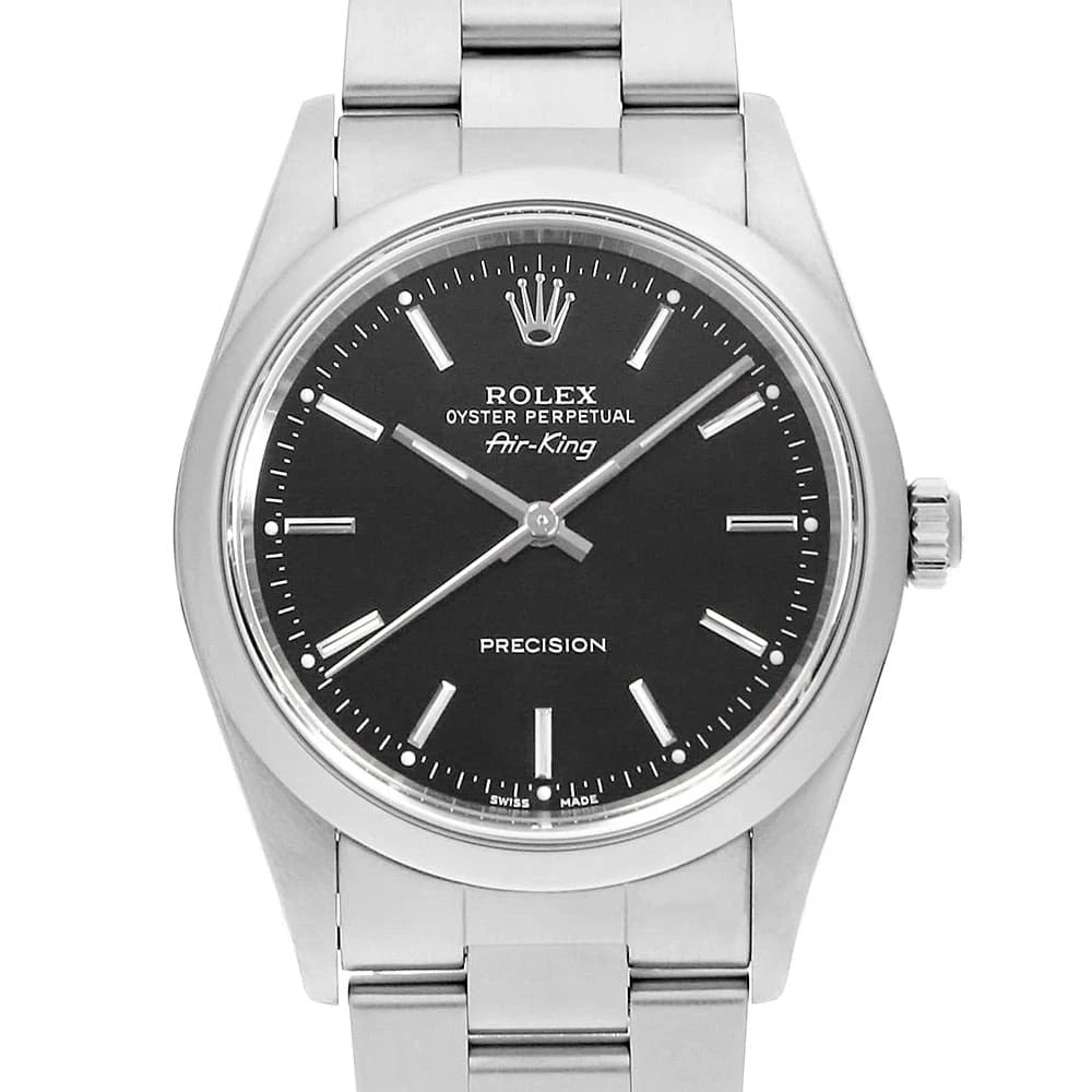 ROLEX AIR KING BLACK BAR Z WATCH: ROLEX Air king black Bar ZWatch Brand: ROLEX Type: Wrist watch Material: Band Material Stainless Steel, Case Material Stainless Steel Color: Dial Color Black Size: Band Size 18cm (7.1inch), Case S