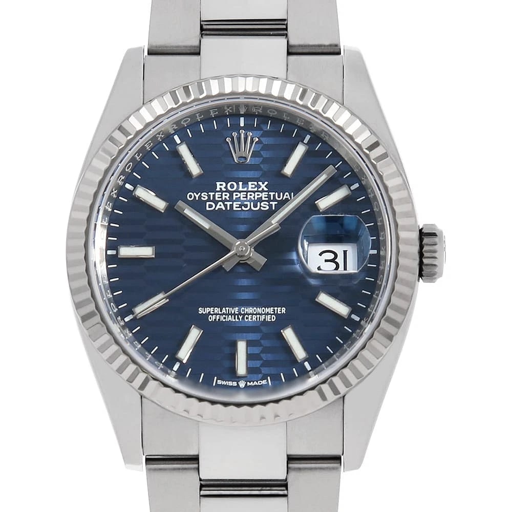 ROLEX DATEJUST BLUE FLUTED MOTIF BAR OYSTER BRACELET WATCH: ROLEX DATEJUST blue Fluted motif bar oyster braceletWatch Brand: ROLEX Type: Wrist watch Material: Band Material Stainless Steel, Case Material Stainless Steel Color: Dial Color Blue Size: Band Si