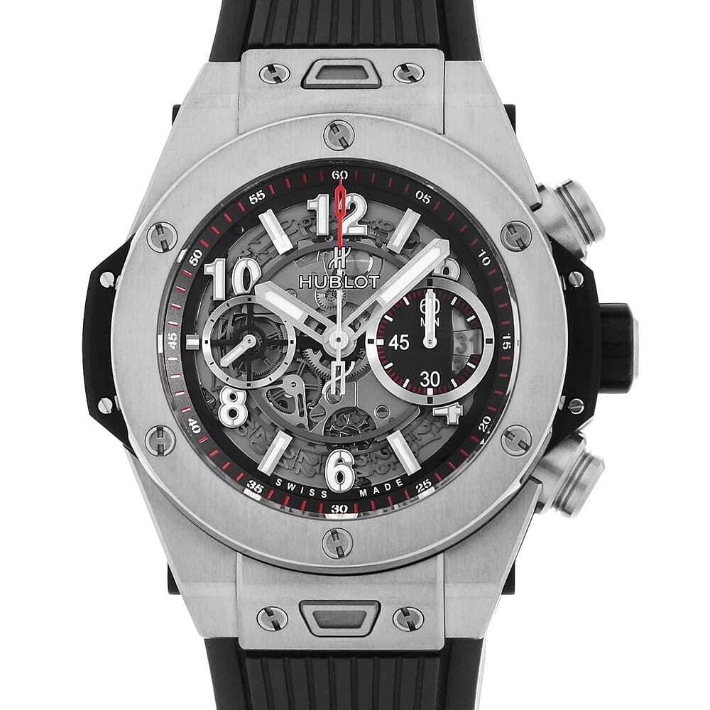 HUBLOT BIG BANG UNICO TITANIUM WATCH: HUBLOT Big Bang Unico Titanium Watch Brand: HUBLOT Type: Wrist watch Material: Band Material rubber, Case Material Titanium Color: Dial Color Skeleton Size: Band Size None, Case Size Case:W45mm A