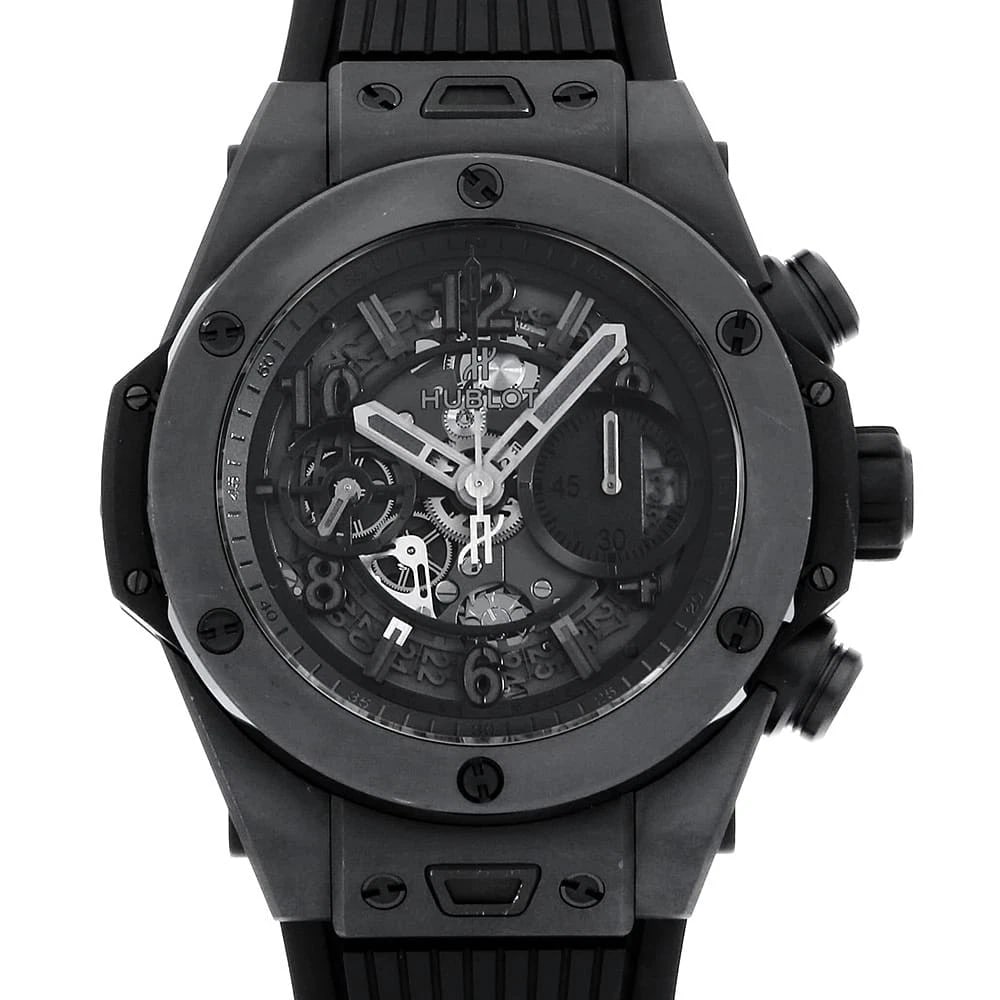 HUBLOT BIG BANG UNICO ALL BLACK WATCH: HUBLOT Big Bang Unico All Black Watch Brand: HUBLOT Type: Wrist watch Material: Band Material rubber, Case Material Titanium Color: Dial Color Skeleton Size: Band Size None, Case Size