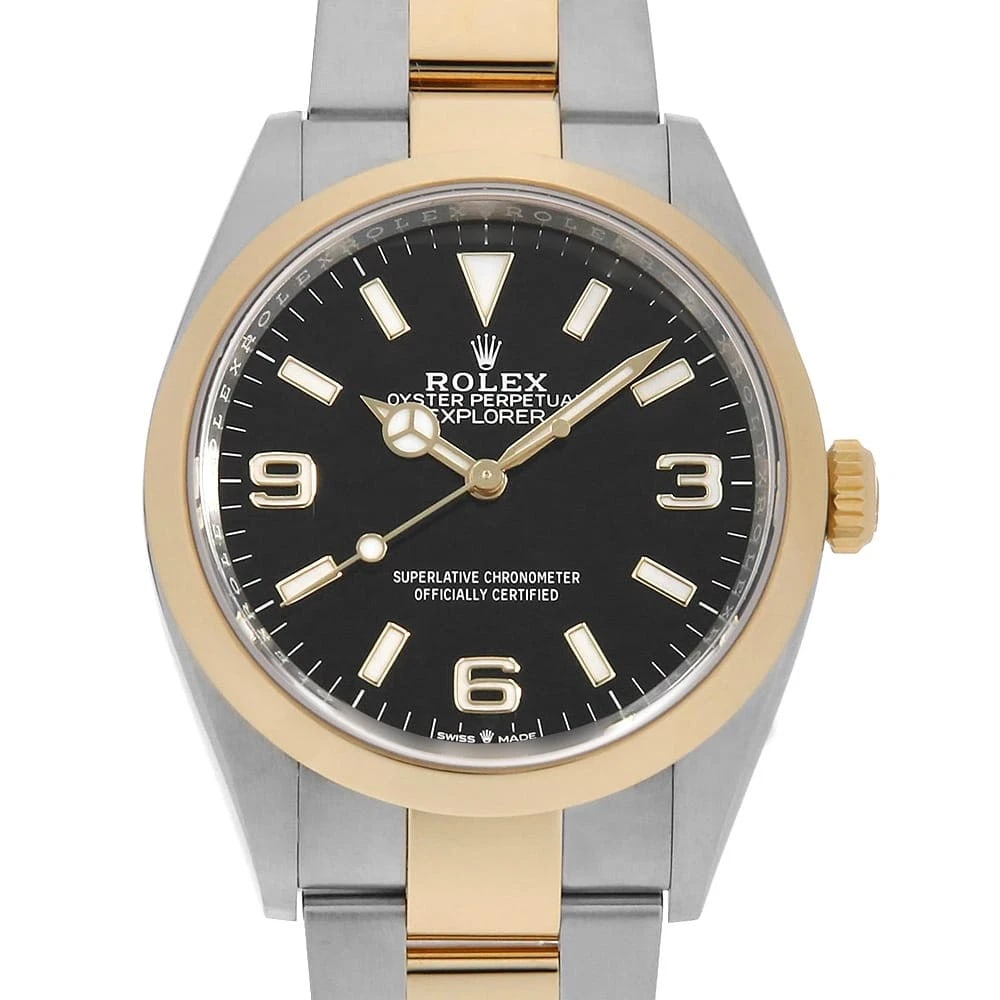 ROLEX EXPLORER BLACK WATCH: ROLEX Explorer black Watch Brand: ROLEX Type: Wrist watch Material: Band Material Stainless Steel/Yellow Gold, Case Material Stainless Steel Color: Dial Color Black Size: Band Size 19cm