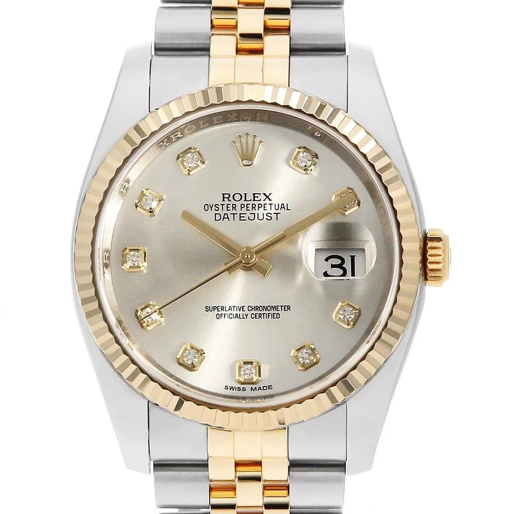 ROLEX DATEJUST DIAMOND SILVER WATCH: ROLEX Datejust Diamond Silver Watch Brand: ROLEX Type: Wrist watch Material: Band Material Stainless Steel/Yellow Gold, Case Material Stainless Steel Color: Dial Color Silver Size: Band Size 18.5c