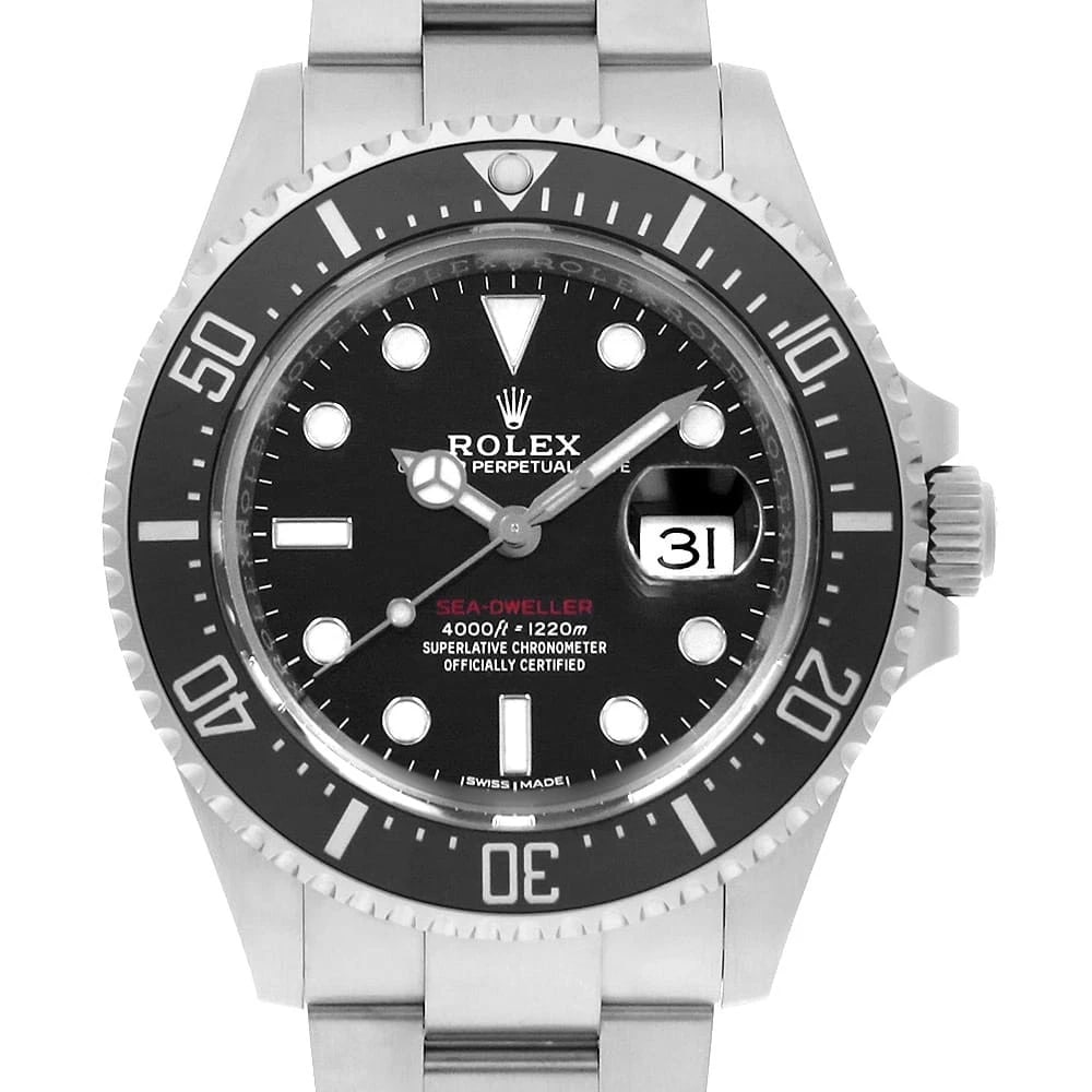 ROLEX SEA-DWELLER BLACK WATCH: ROLEX SEA-DWELLER black Watch Brand: ROLEX Type: Wrist watch Material: Band Material Stainless Steel, Case Material Stainless Steel Color: Dial Color Black Size: Band Size 20cm (7.9inch), Case Siz