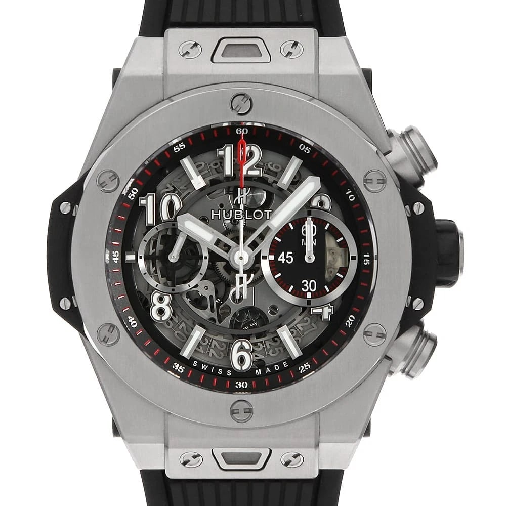 HUBLOT BIG BANG UNICO TITANIUM WATCH: HUBLOT Big Bang Unico Titanium Watch Brand: HUBLOT Type: Wrist watch Material: Band Material rubber, Case Material Titanium Color: Dial Color Skeleton Size: Band Size NONE, Case Size