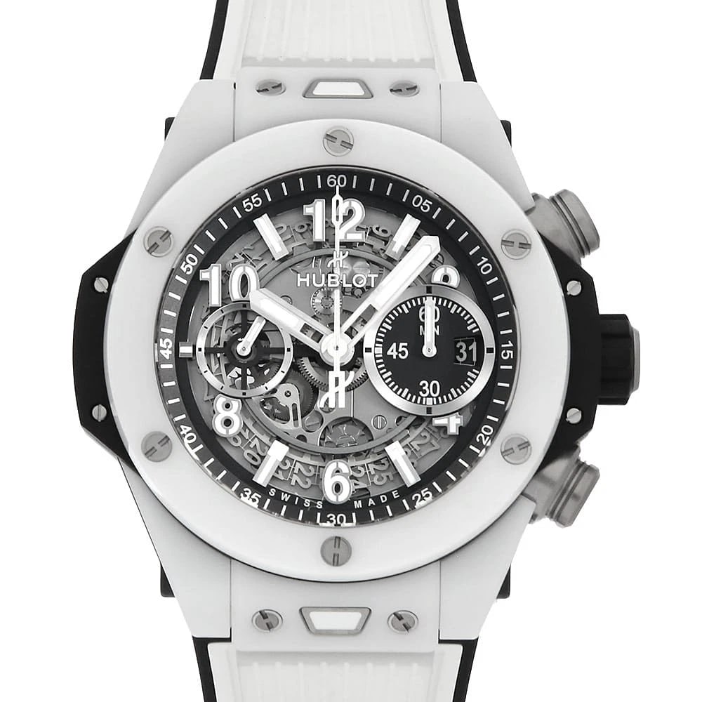 HUBLOT BIG BANG UNICO WHITE CERAMIC WATCH: HUBLOT Big Bang Unico White Ceramic Watch Brand: HUBLOT Type: Wrist watch Material: Band Material rubber, Case Material Ceramic Color: Dial Color Skeleton Size: Band Size NONE, Case Size