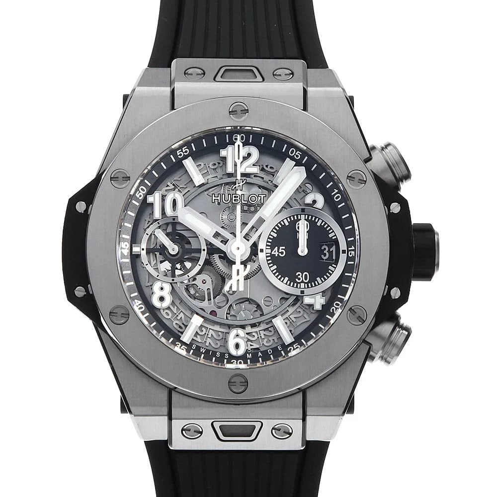 HUBLOT BIG BANG UNICO TITANIUM WATCH: HUBLOT Big Bang Unico Titanium Watch Brand: HUBLOT Type: Wrist watch Material: Band Material rubber, Case Material Titanium Color: Dial Color Skeleton Size: Band Size None, Case Size Case:W42mm A