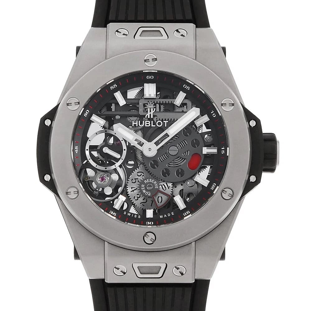 HUBLOT BIG BANG MECHA TITANIUM WATCH: HUBLOT big bang mecha titanium Watch Brand: HUBLOT Type: Wrist watch Material: Band Material rubber, Case Material Titanium Color: Dial Color Skeleton Size: Band Size None, Case Size Case:W45mm A