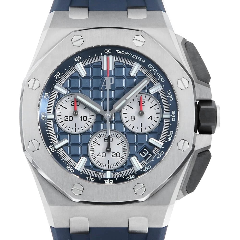 AUDEMARS PIGUET ROYAL OAK OFFSHORE CHRONOGRAPH WATCH: AUDEMARS PIGUET Royal Oak Offshore ChronographWatch Brand: AUDEMARS PIGUET Type: Wrist watch Material: Band Material rubber, Case Material Titanium Color: Dial Color Blue Size: Band Size None, Cas