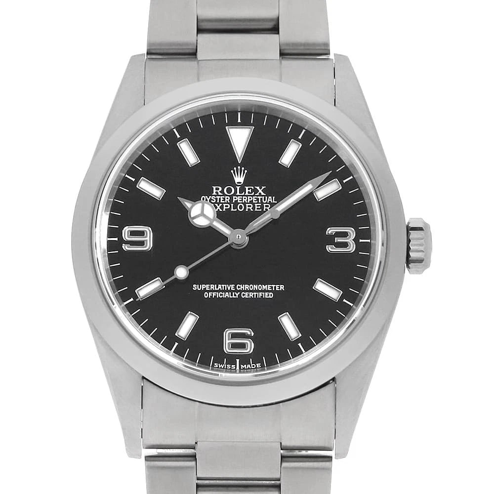 ROLEX EXPLORER I BLACK P WATCH: ROLEX Explorer I black P Watch Brand: ROLEX Type: Wrist watch Material: Band Material Stainless Steel, Case Material Stainless Steel Color: Dial Color Black Size: Band Size 18.5cm (7.3inch), Case