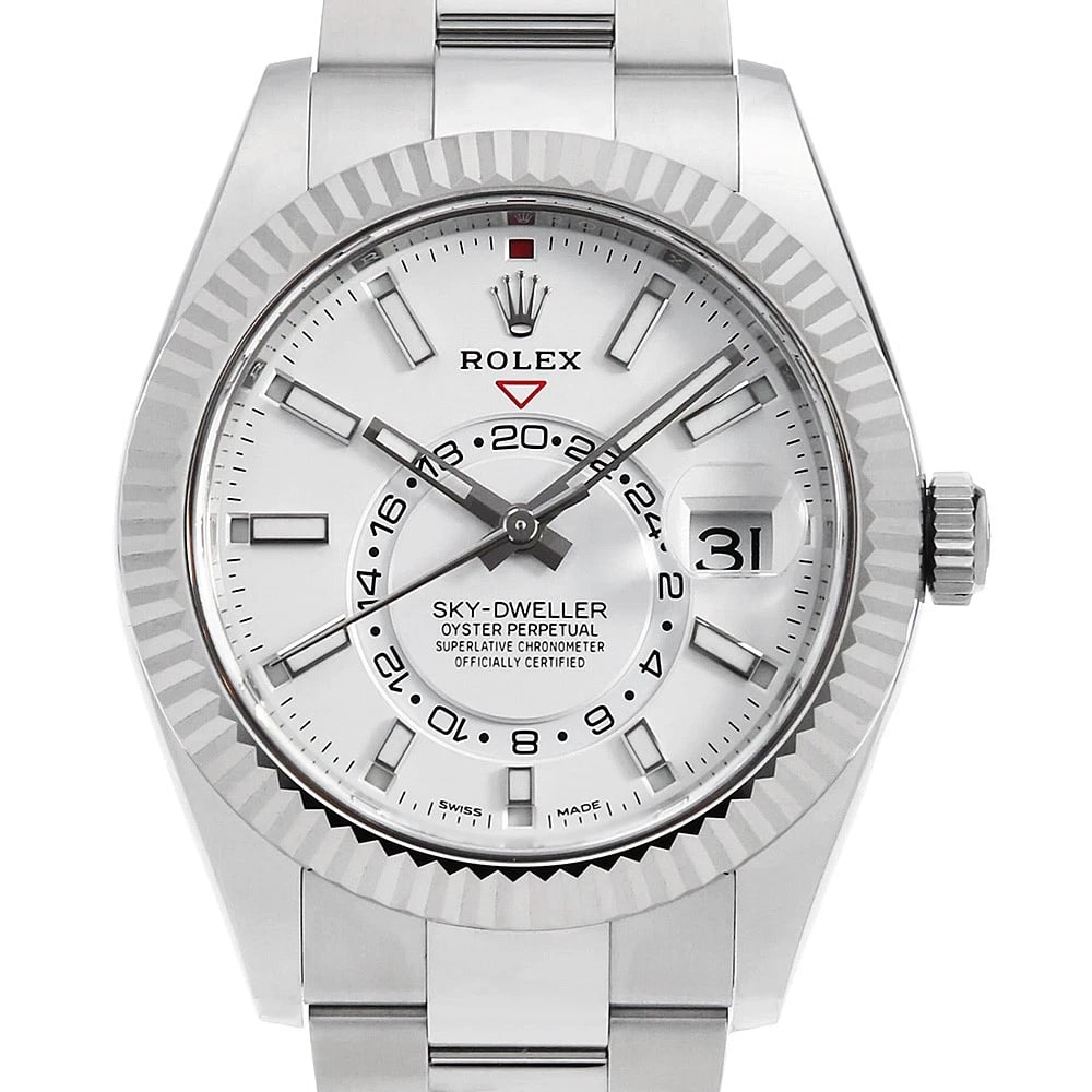 ROLEX SKY-DWELLER WHITE OYSTER BRACELET WATCH: ROLEX SKY-DWELLER white oyster bracelet Watch Brand: ROLEX Type: Wrist watch Material: Band Material Stainless Steel, Case Material Stainless Steel Color: Dial Color White Size: Band Size 19cm (7.