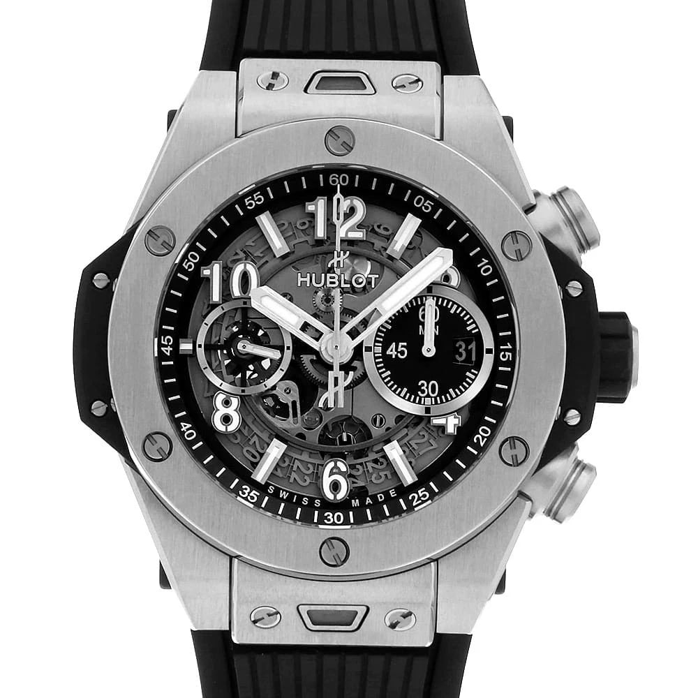 HUBLOT BIG BANG UNICO TITANIUM WATCH: HUBLOT Big Bang Unico Titanium Watch Brand: HUBLOT Type: Wrist watch Material: Band Material rubber, Case Material Titanium Color: Dial Color Skeleton Size: Band Size None, Case Size Case:W44mm A