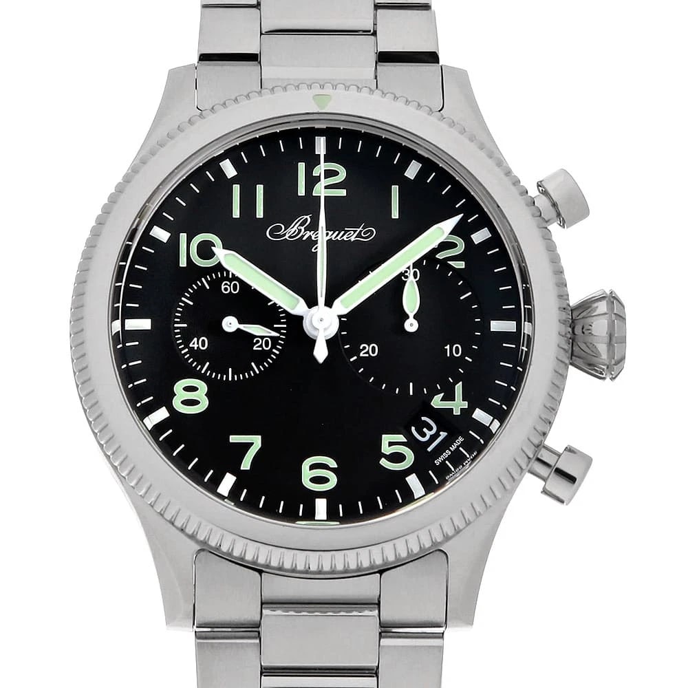 BREGUET TYPE 20 CHRONOGRAPH WATCH: Breguet Type 20 Chronograph Watch Brand: Breguet Type: Wrist watch Material: Band Material Stainless Steel, Case Material Stainless Steel Color: Dial Color Black Size: Band Size 20cm (7.9inch), Ca