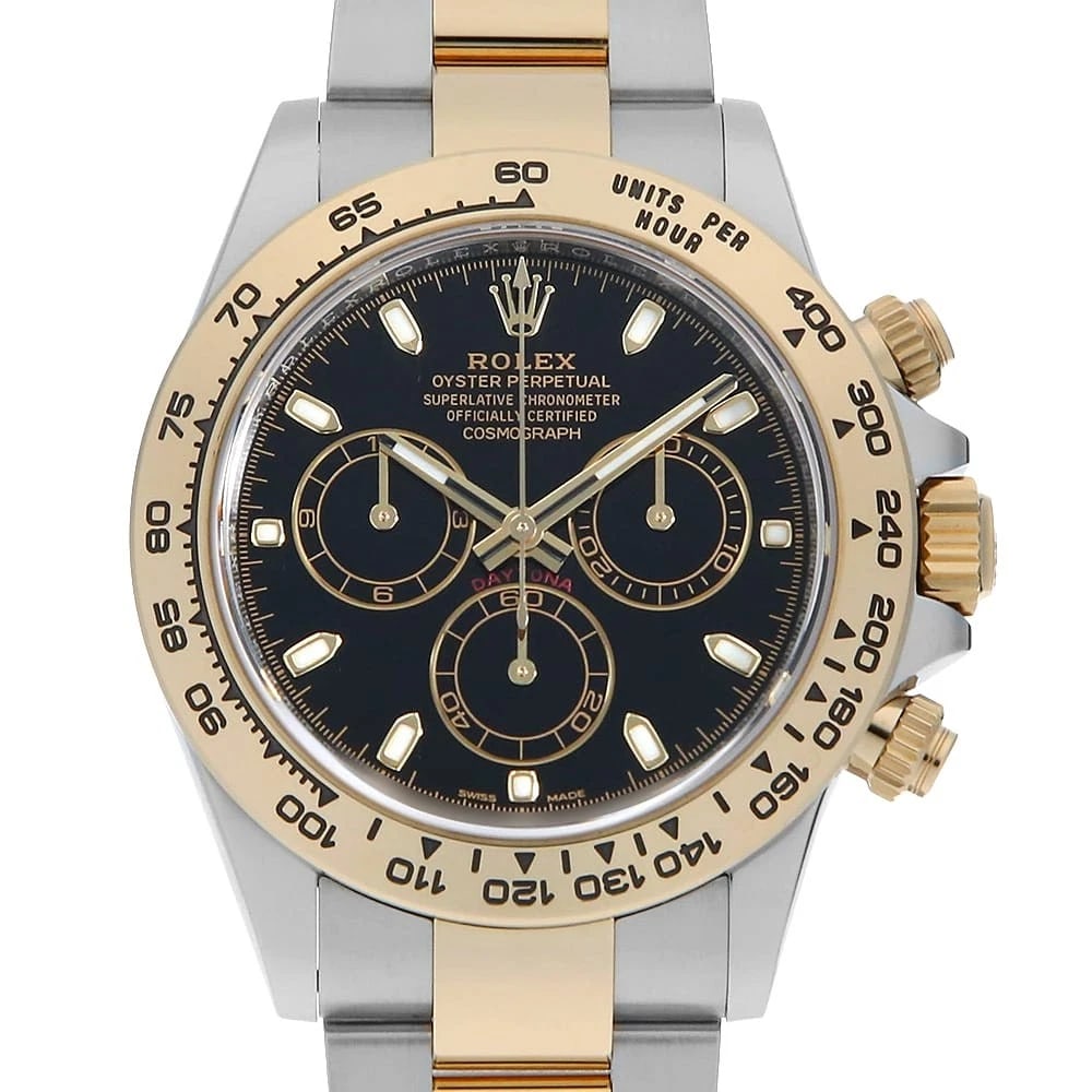 ROLEX COSMOGRAPH DAYTONA BLACK WATCH: ROLEX Cosmograph Daytona blackWatch Brand: ROLEX Type: Wrist watch Material: Band Material Stainless Steel/Yellow Gold, Case Material Stainless Steel Color: Dial Color Black Size: Band Size
