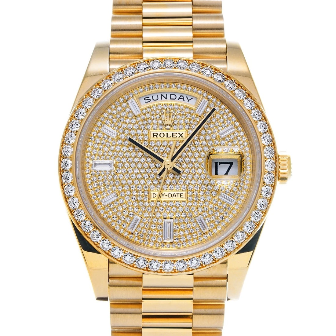 ROLEX DAY DATE PAVE DIAMONDS BAGUETTE WATCH: ROLEX Day Date Pave diamonds Baguette WATCH Brand: ROLEX Type: Wristwatch Material: Band Material Yellow Gold, Case Material Yellow Gold Color: Dial Color Pave diamonds Size: Case H/about 40mm
