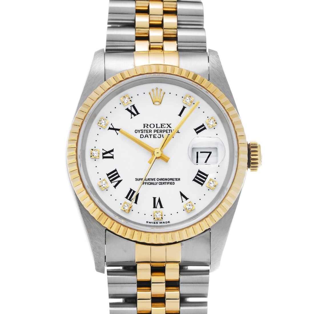 ROLEX DATEJUST WHITE DIAMOND WATCH: ROLEX Datejust white diamond WATCH Brand: ROLEX Type: Wristwatch Material: Band Material Stainless steel/Yellow Gold, Case Material Stainless steel Color: Dial Color white Size: Case H/about 36mm