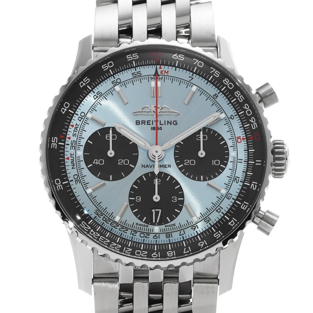 BREITLING NAVITIMER CHRONOGRAPH ICE BLUE BLACK WATCH: BREITLING Navitimer Chronograph Ice blue black WATCH Brand: BREITLING Type: Wristwatch Material: Band Material Stainless steel, Case Material Stainless steel Color: Dial Color Ice blue Size: