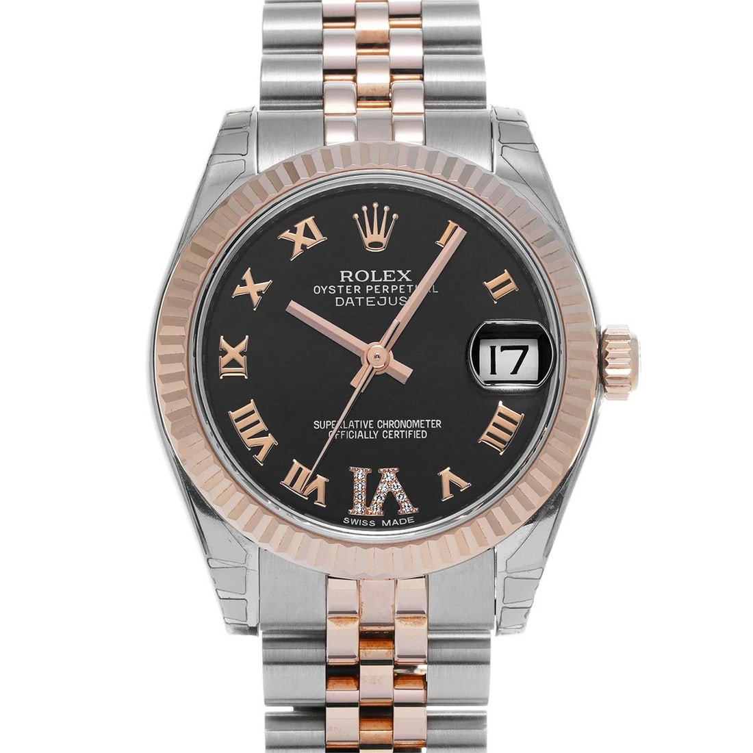 ROLEX DATEJUST BLACK DIAMOND WATCH: ROLEX Datejust black diamond WATCH Brand: ROLEX Type: Wristwatch Material: Band Material Stainless steel/Everrose gold, Case Material Stainless steel Color: Dial Color black Size: Case H/about 31m