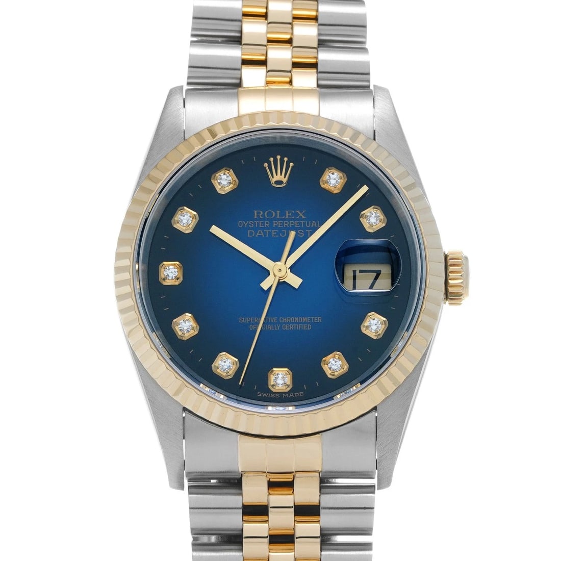 ROLEX DATEJUST BLUE GRADIENT DIAMOND WATCH: ROLEX Datejust Blue Gradient diamond WATCH Brand: ROLEX Type: Wristwatch Material: Band Material Stainless steel/Yellow Gold, Case Material Stainless steel Color: Dial Color Blue Gradient Size: Ca