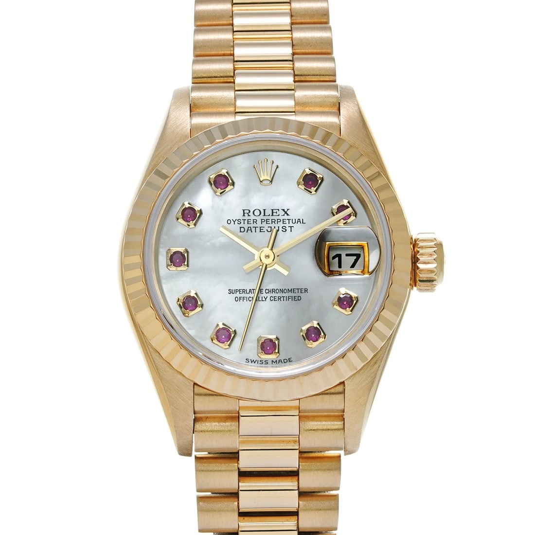 ROLEX DATEJUST WHITE SHELL RUBY WATCH: ROLEX Datejust White shell Ruby WATCH Brand: ROLEX Type: Wristwatch Material: Band Material Yellow Gold, Case Material Yellow Gold Color: Dial Color White shell Size: Case H/about 26mm W/about