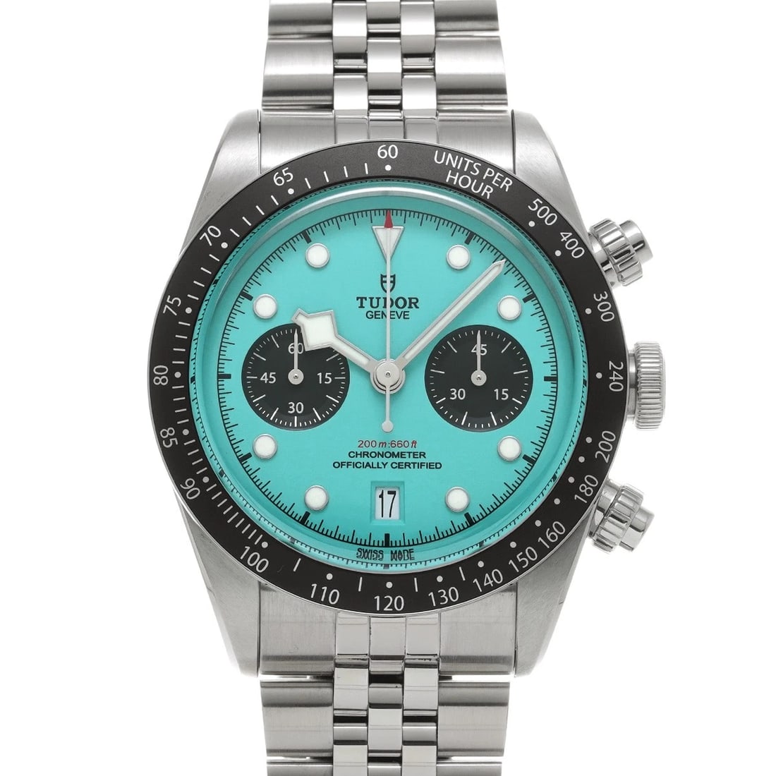 TUDOR BLACK BAY CHRONO TURQUOISE BLACK WATCH: TUDOR Black Bay Chrono Turquoise black WATCH Brand: TUDOR Type: Wristwatch Material: Band Material Stainless steel, Case Material Stainless steel Color: Dial Color Turquoise Size: Case H/about