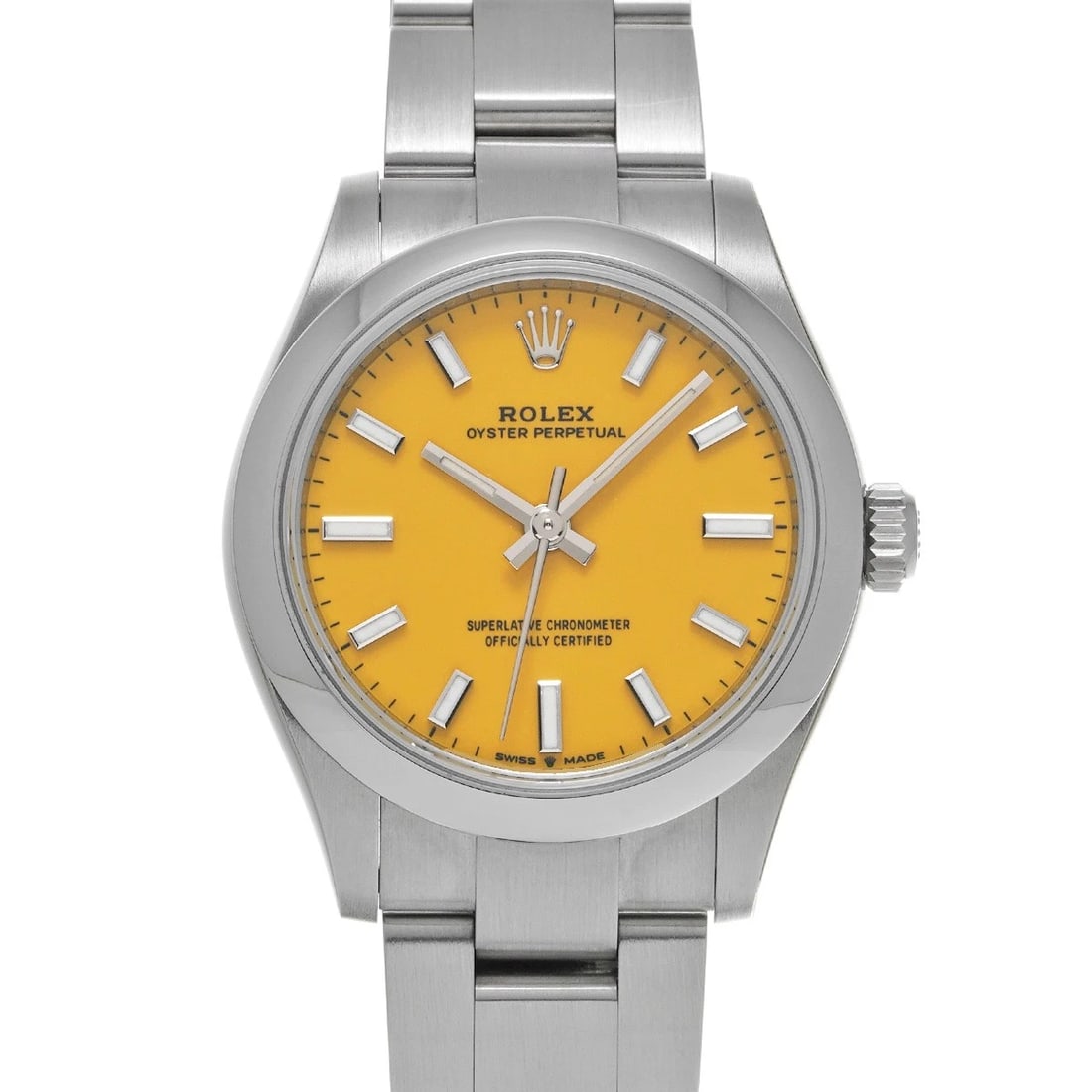 ROLEX OYSTER PERPETUAL YELLOW WATCH: ROLEX Oyster Perpetual yellow WATCH Brand: ROLEX Type: Wristwatch Material: Band Material Stainless steel, Case Material Stainless steel Color: Dial Color yellow Size: Case H/about 31mm