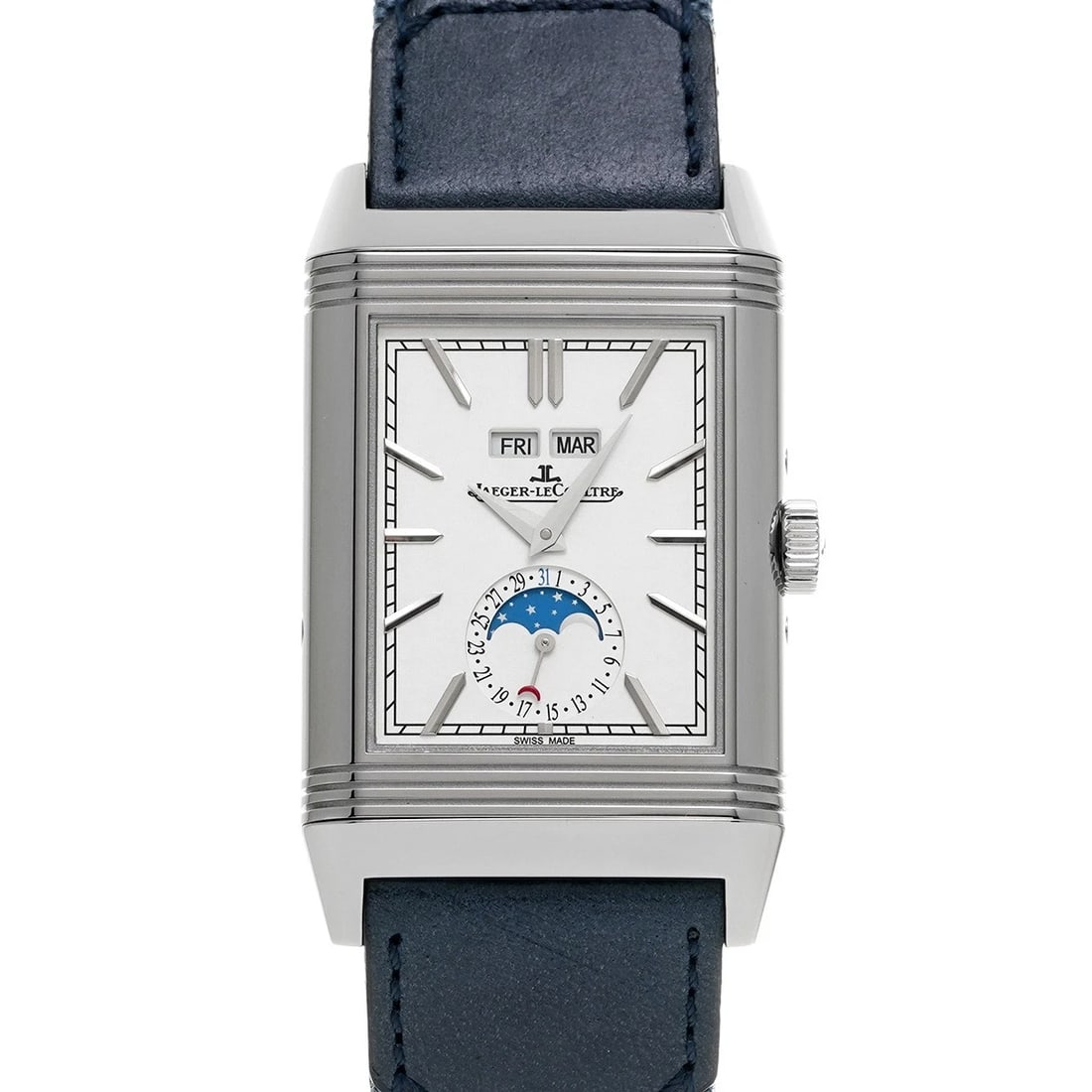 JAEGER LECOULTRE REVERSO TRIBUTE DUO SILVER BLUE WATCH: Jaeger LeCoultre Reverso Tribute Duo Silver blue WATCH Brand: Jaeger-LeCoultre Type: Wristwatch Material: Band Material fabric, Case Material Stainless steel Color: Dial Color Silver Size: Case H/
