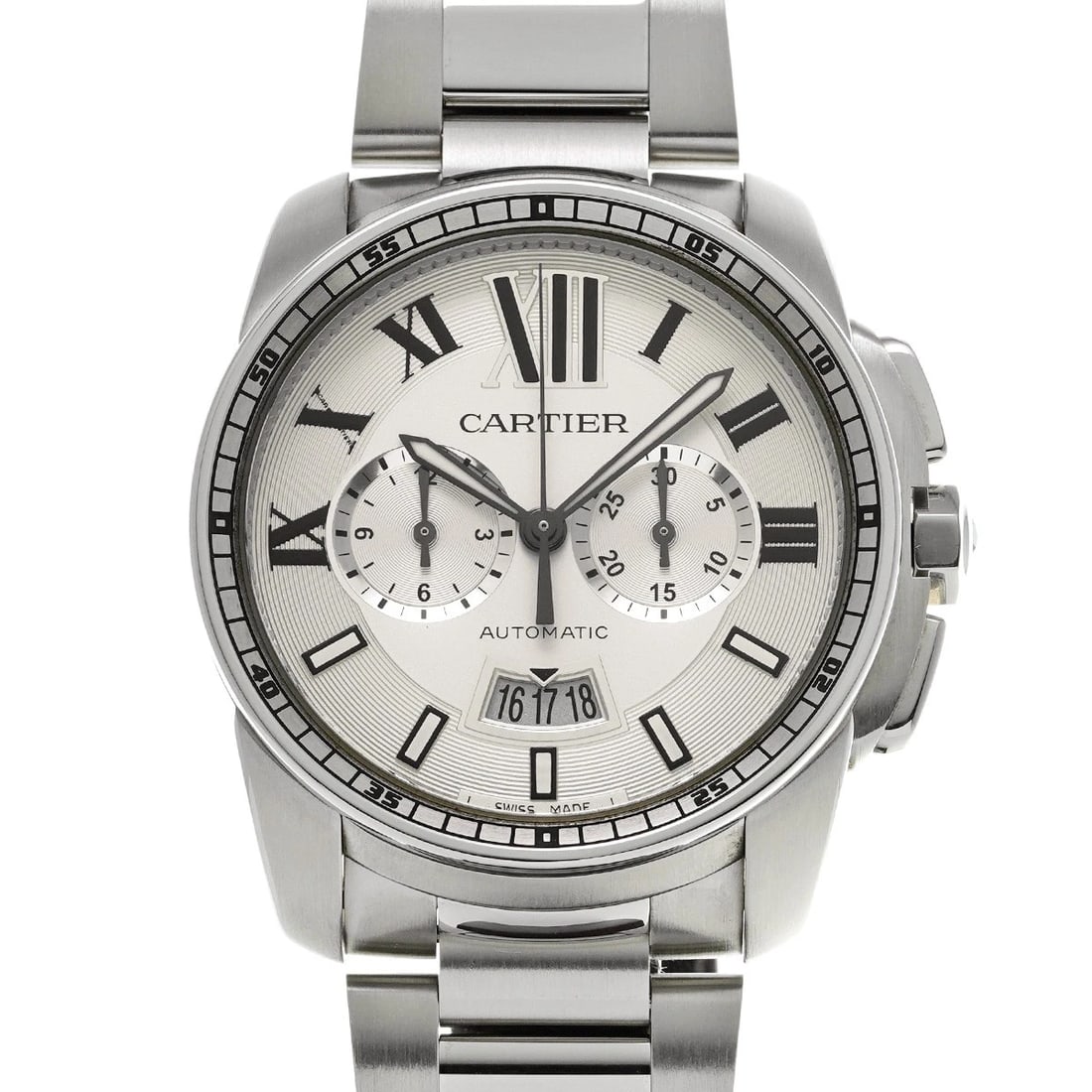CARTIER CALIBRE CHRONOGRAPH SILVER WATCH: CARTIER Calibre Chronograph Silver WATCH Brand: CARTIER Type: Wristwatch Material: Band Material Stainless steel, Case Material Stainless steel Color: Dial Color Silver Size: Case H/about 42mm