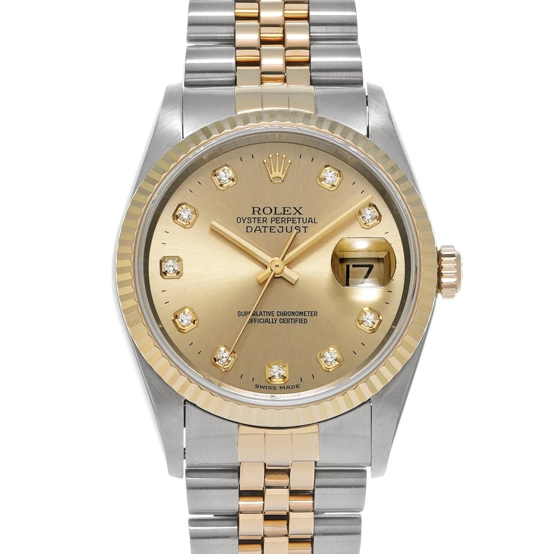 ROLEX DATEJUST CHAMPAGNE DIAMOND WATCH: ROLEX Datejust Champagne diamond WATCH Brand: ROLEX Type: Wristwatch Material: Band Material Stainless steel/Yellow Gold, Case Material Stainless steel Color: Dial Color Champagne Size: Case H/abo