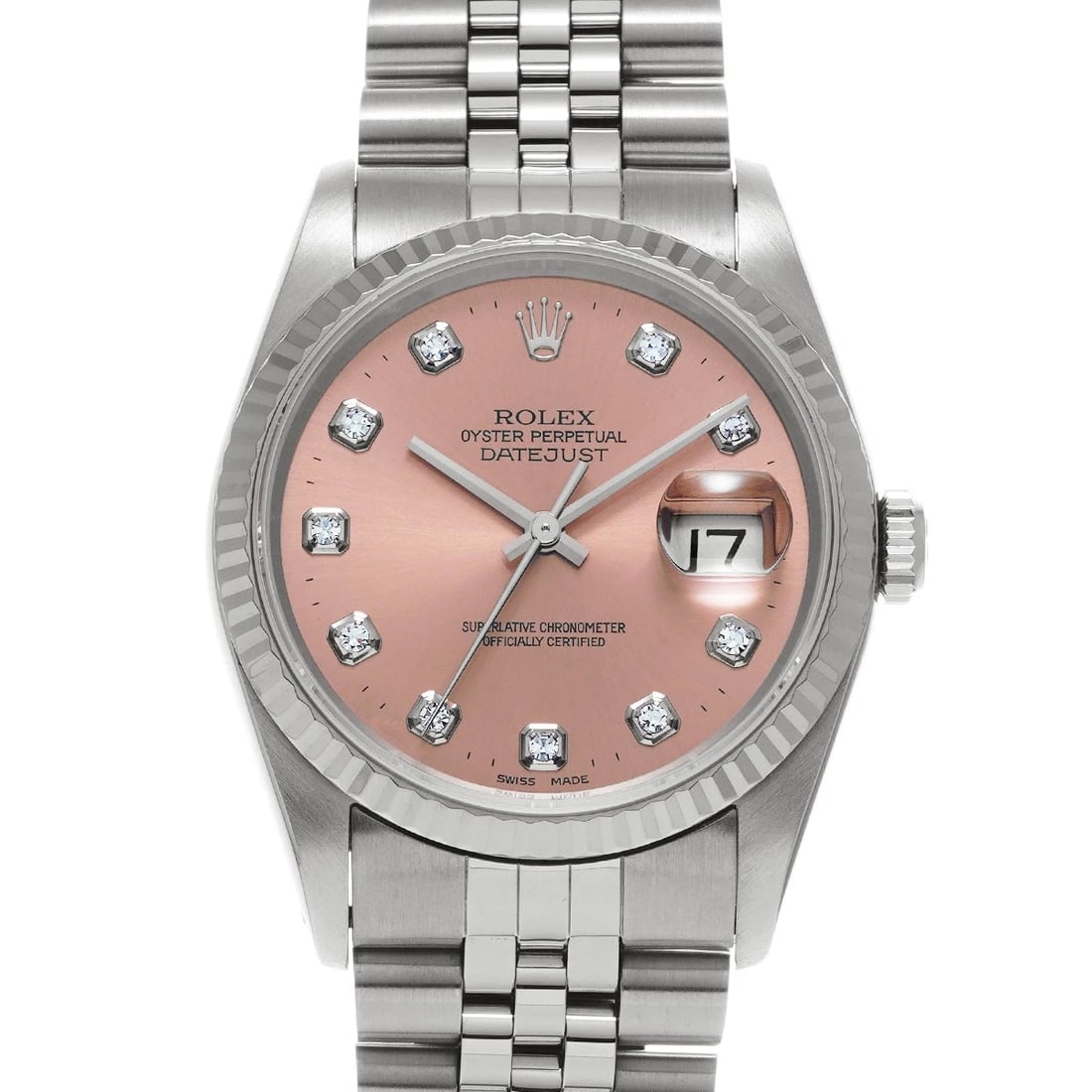 ROLEX DATEJUST PINK DIAMOND WATCH: ROLEX Datejust pink diamond WATCH Brand: ROLEX Type: Wristwatch Material: Band Material Stainless steel, Case Material Stainless steel Color: Dial Color pink Size: Case H/about 36mm W/about