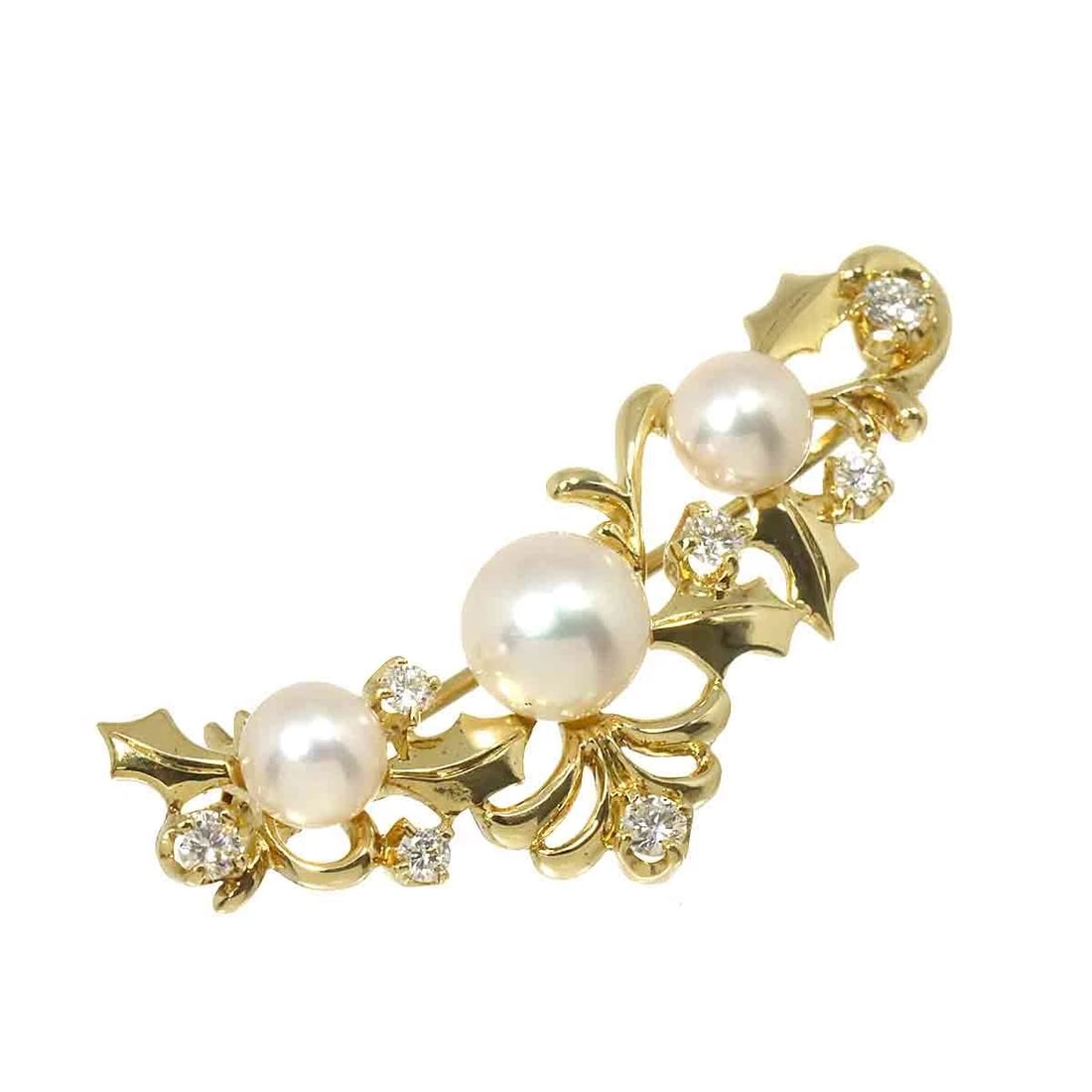 MIKIMOTO AKOYA PEARL DIAMOND BROOCH: MIKIMOTO Akoya pearl Diamond Brooch Brand: MIKIMOTO Type: Brooch Material: 18K Yellow Gold Main Stone Akoya Pearl Color: Yellow Gold Size: W39 x H15.6mm Thickness:7.6mm Accessories: None