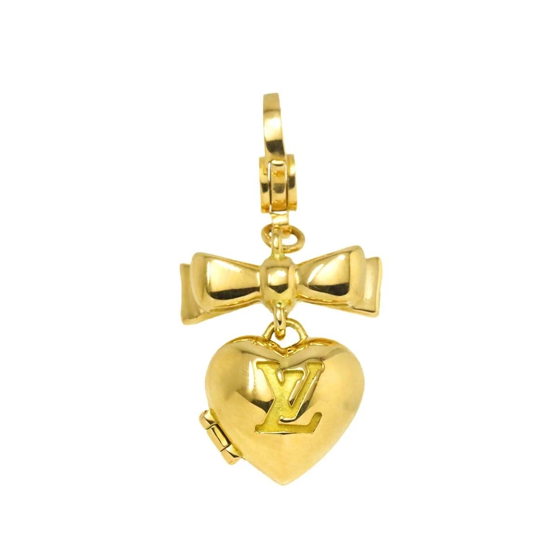LOUIS VUITTON MONOGRAM HEART CHARM PENDANT TOP: LOUIS VUITTON Monogram Heart Charm Pendant Top Brand: LOUIS VUITTON Type: Pendant Material: 18K Yellow Gold Color: Yellow Gold Size: W14.3 X H30mm(full length) Thickness:6.8mm bail:(inside