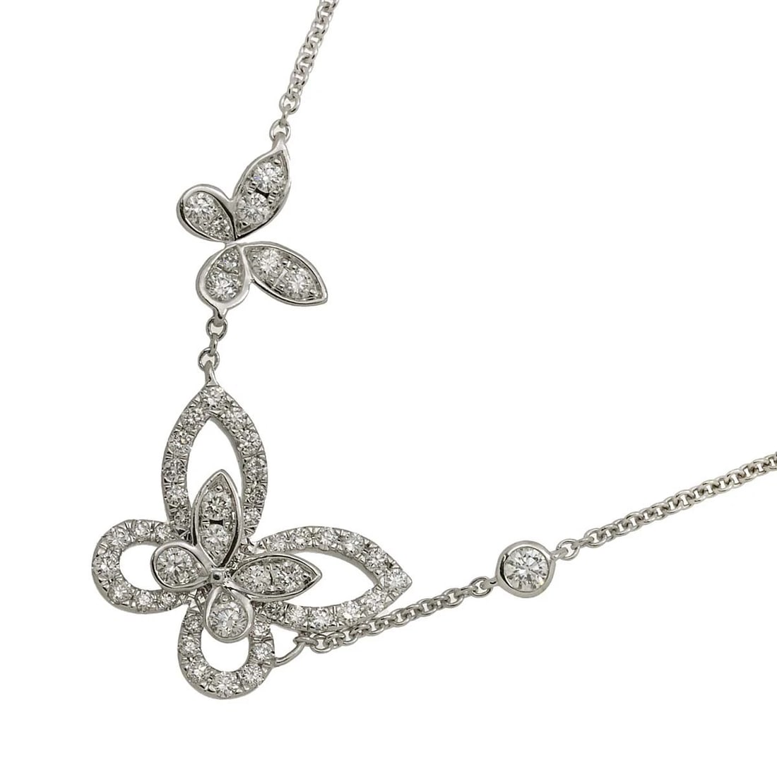 GRAFF DOUBLE BUTTERFLY SILHOUETTE DIAMOND NECKLACE: GRAFF Double Butterfly Silhouette Diamond Necklace Brand: GRAFF Type: Necklace Material: K18 White Gold Main Stone Natural Color: White Gold Size: internal circumference of the chain: 18.1inch
