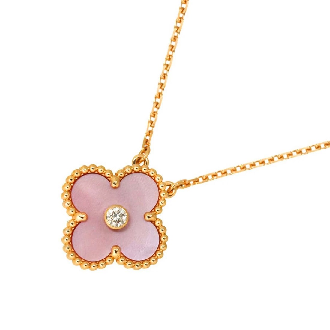 VAN CLEEF ARPELS VINTAGE ALHAMBRA PINK MOP DIAMOND NECKLACE: Van Cleef Arpels Vintage Alhambra Pink MOP Diamond Necklace Brand: Van Cleef Arpels Type: Necklace Material: 18K Pink Gold Main Stone Natural Color: Pink Gold Size: internal circumference of