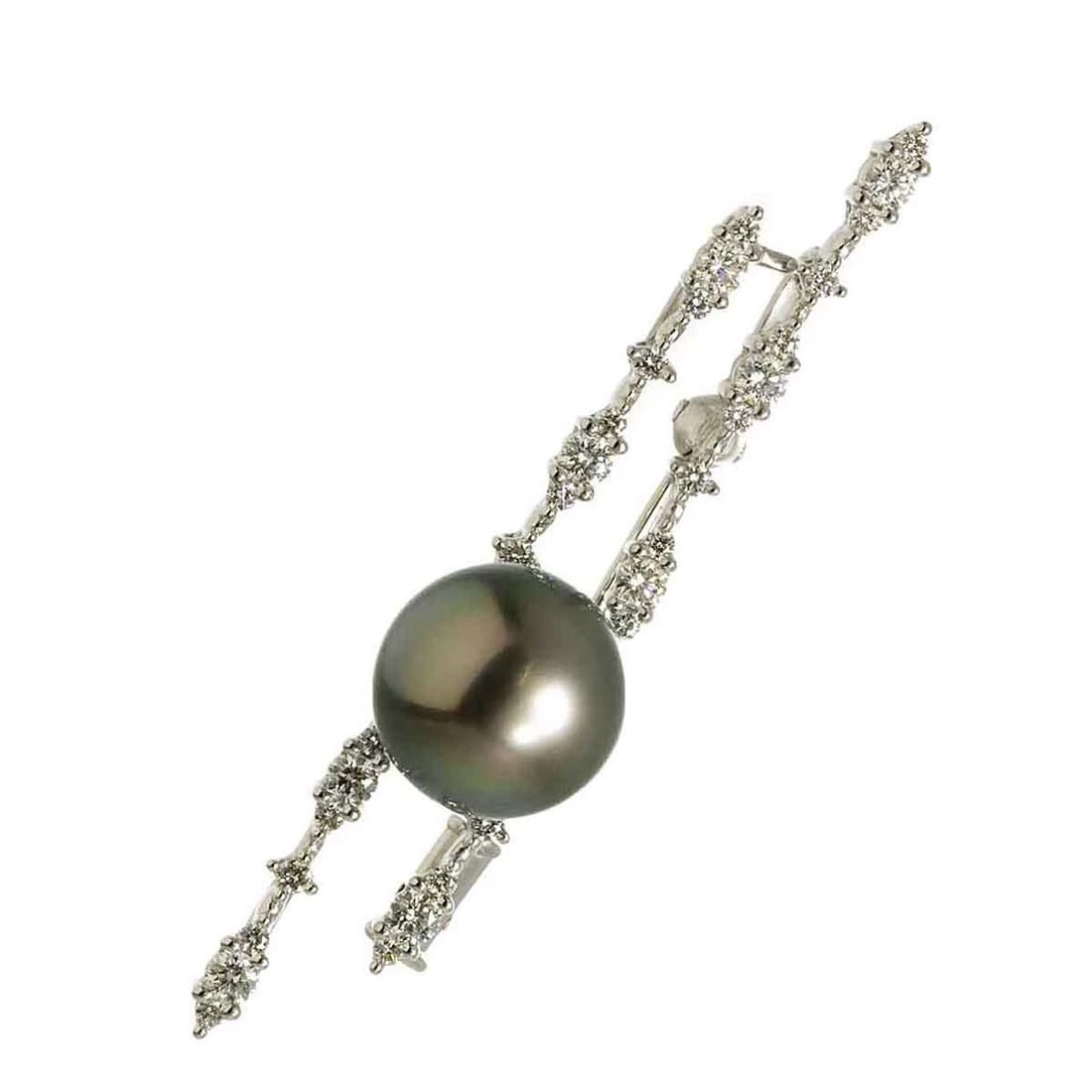 TASAKI BLACK PEARL DIAMOND BROOCH 18K WG 750: TASAKI Black Pearl Diamond Brooch 18K WG 750 Brand: TASAKI Type: Brooch Material: 18K White Gold Main Stone South Sea Pearl Color: White Gold Size: W 47.3 X H 10.4mm Accessories: None Acce