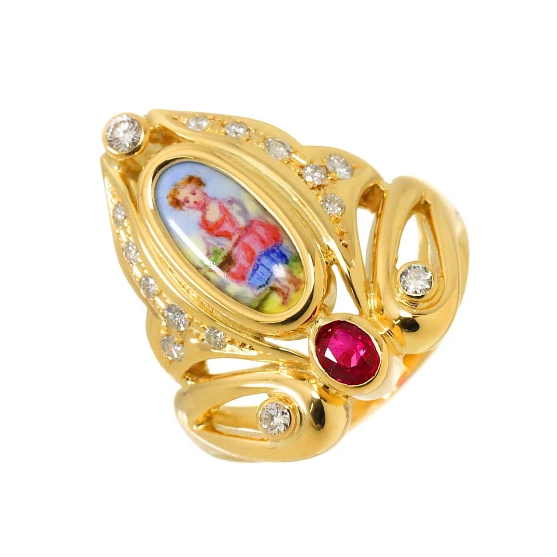 MITSUO KAJI ENAMEL DIAMOND RUBY RING 18K YG 750: Mitsuo Kaji Enamel Diamond Ruby Ring 18K YG 750 Brand: Mitsuo Kaji Type: Ring Material: 18K Yellow Gold Main Stone Natural Color: Yellow Gold Size: 6(US) Accessories: None Accessories Noti