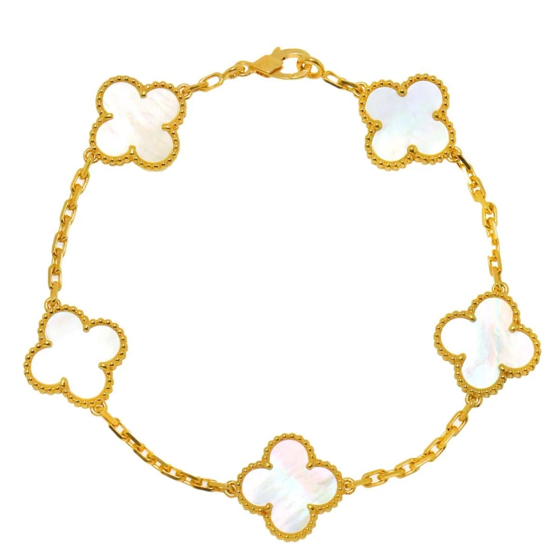 VAN CLEEF ARPELS VINTAGE ALHAMBRA MOTHER OF PEARL BRACELET 18K YG 750: Van Cleef Arpels Vintage Alhambra Mother of Pearl Bracelet 18K YG 750 Brand: Van Cleef Arpels Type: Bracelet Material: 18K Yellow Gold Color: Yellow Gold Size: Inner circumference 7.1inch Width:(m