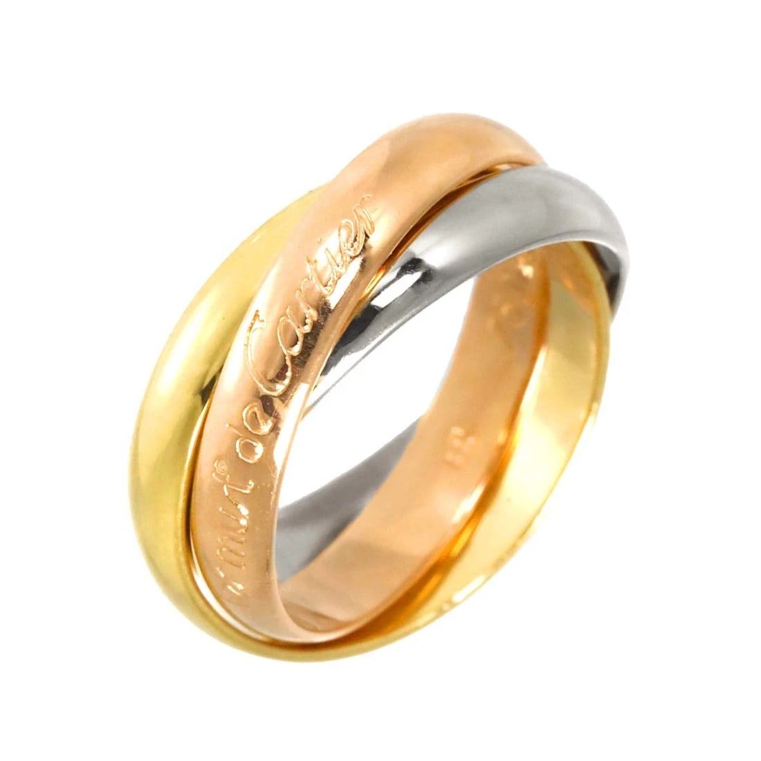 CARTIER TRINITY RING MM 18K YG WG PG 750: Cartier Trinity Ring MM 18K YG WG PG 750 Brand: Cartier Type: Ring Material: 18K Gold Color: Gold Size: 49/4.75-5(US) Accessories: None Accessories Notice: When purchasing pre-owned goods,
