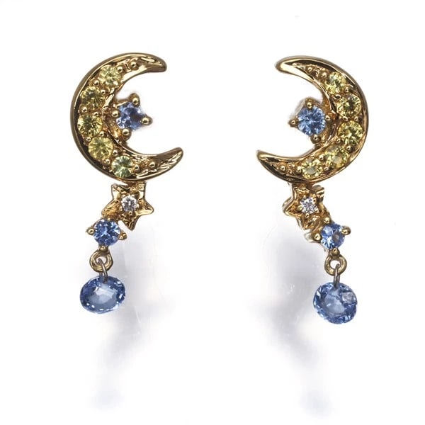 SAPPHIRE DIAMOND MOON STAR EARRINGS 18K: Sapphire Diamond Moon Star Earrings 18K Brand: Unbranded Type: Earrings Material: Metal Yellow Gold Main Stone Natural Color: Yellow Gold Size: Design size: 17.5 x 7.5mm Accessories: None