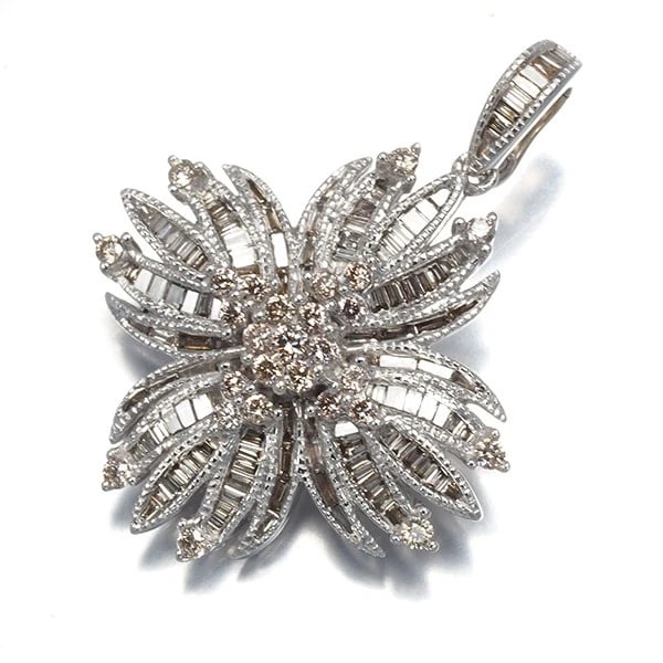 BROWN & CLEAR DIAMOND FLOWER DROP PENDANT: Brown & Clear Diamond Flower Drop Pendant Brand: Unbranded Type: Pendant Material: Metal White Gold Main Stone Natural Color: White Gold Size: Design size: 32.2 x 24.0mm Accessories: None