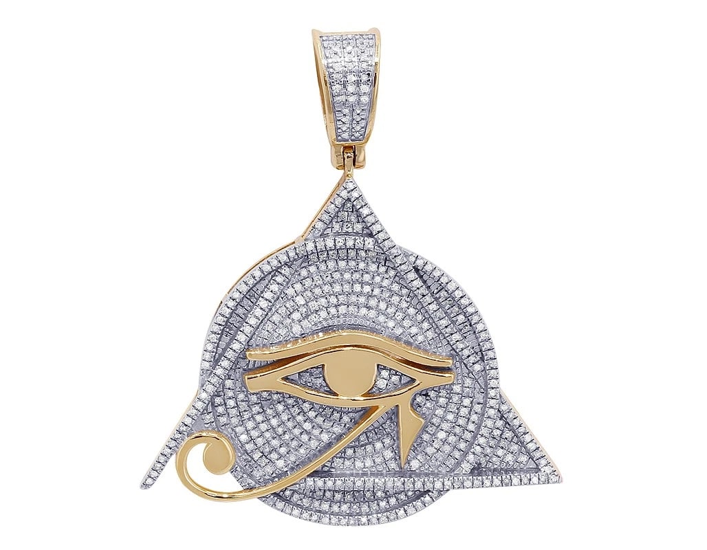 MEN'S REAL DIAMOND EYE RA PENDANT: Men's Real Diamond Eye Ra Pendant Brand: None Type: Pendant Material: Metal Yellow Gold Main Stone Natural Color: Yellow Gold Size: Length L 1.7" x W 1.4" Accessories: None Accessories Not