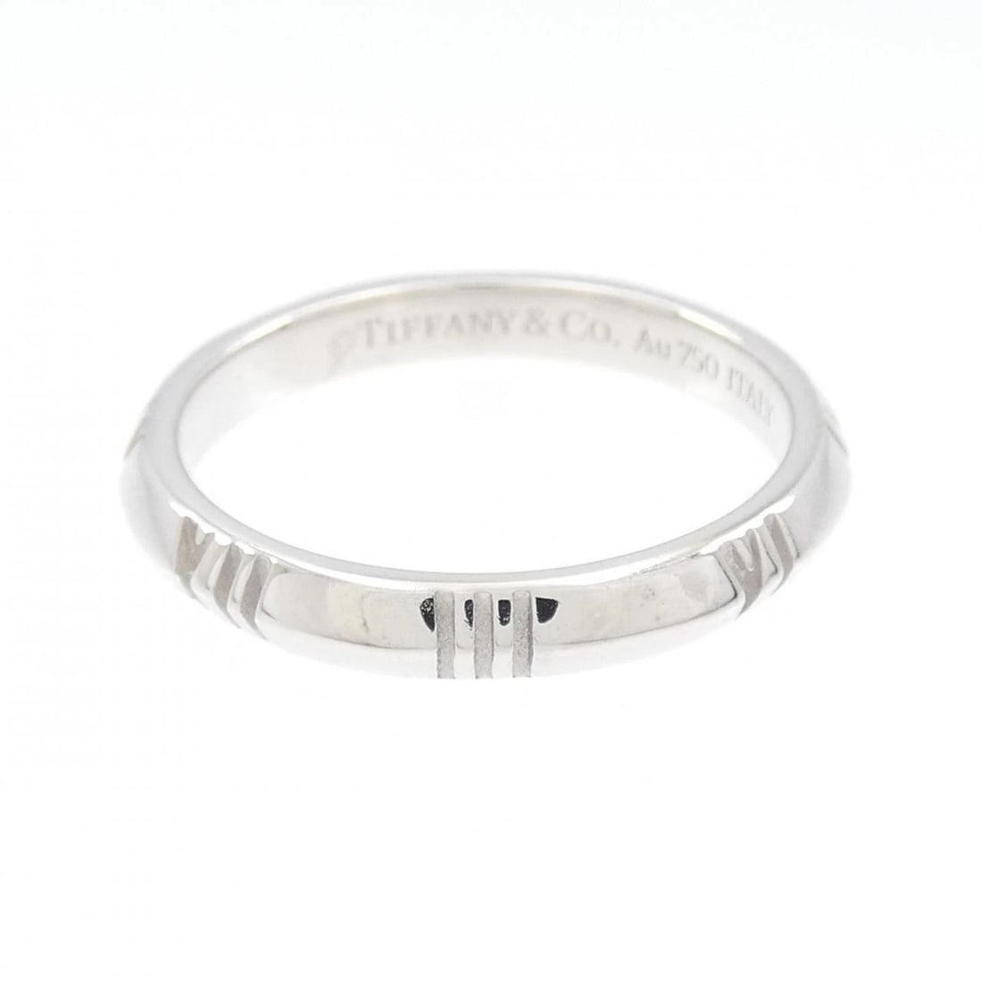 TIFFANY ATLAS X CLOSED NARROW RING: Tiffany Atlas X Closed Narrow Ring Brand: Tiffany Type: Ring Material: 750 White Gold Color: White Gold Size: 7.5-8 (US size) Accessories: None Accessories Notice: When purchasing pre-owned